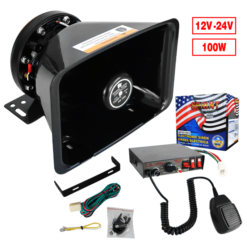 SISTEMA SIRENA POLICIAL CON MICROFONO Y FUNCIONES 100W +118DB
