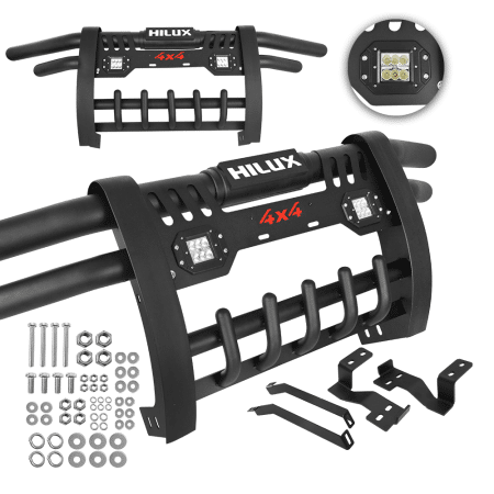 DEFENSA ACERO INOX NEGRO C/LUZLED 18W P/TY HILUX REVO 8VA GEN 2016-ON