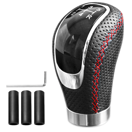 PERILLA DE CAMBIO ALUMINIO/CUERO 10CM 5+R NEGRO/HILO ROJO