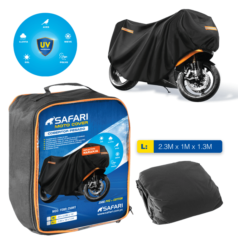 COBERTOR NEGRO PESADO 250GPV+COTTON P/MOTO REFL/NARANJA - L