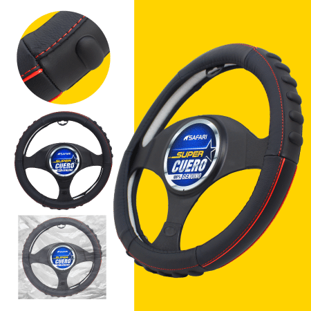 CUBRE VOLANTE CUERO GEN NEGRO DETALLES ROJOS