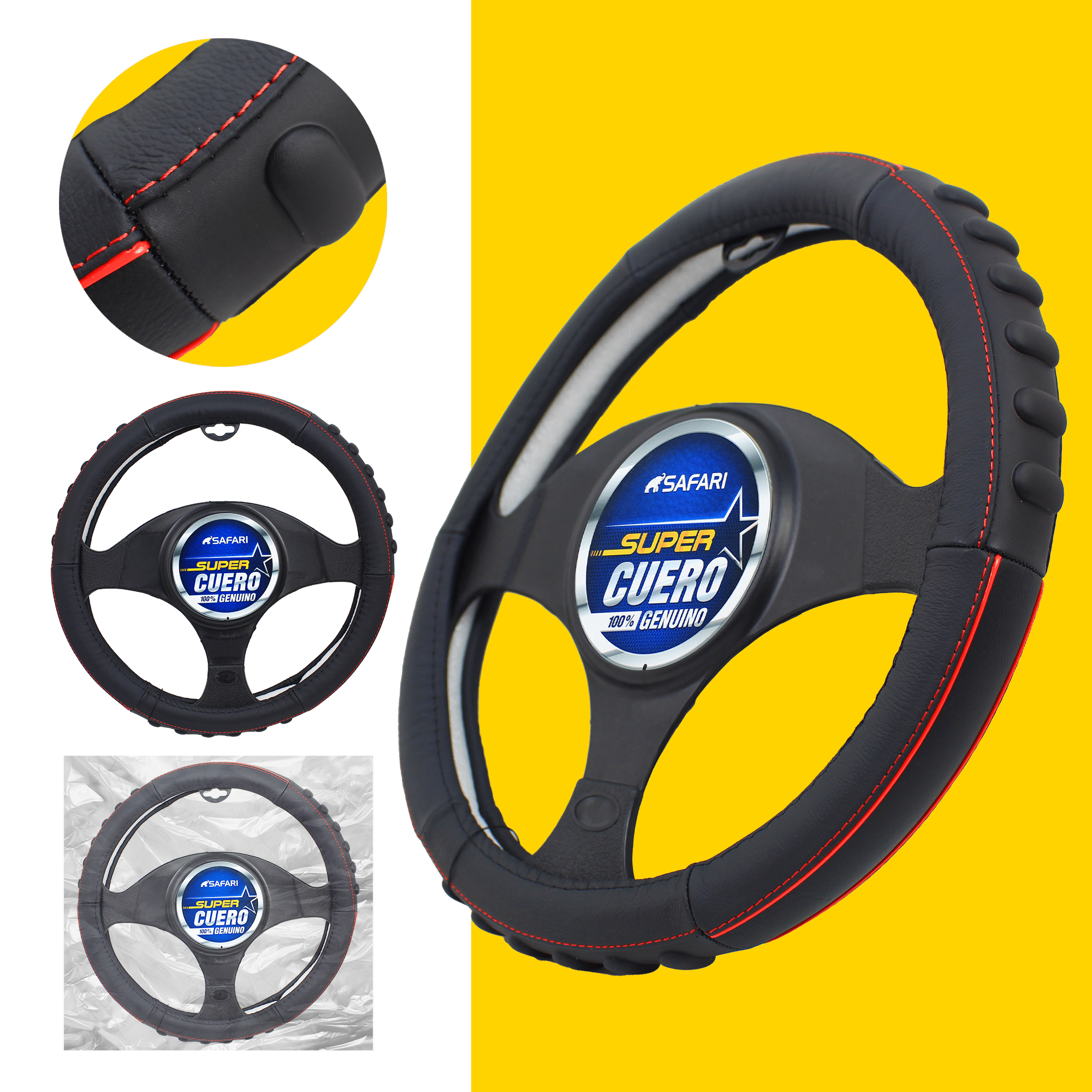 CUBRE VOLANTE CUERO GEN NEGRO DETALLES ROJOS