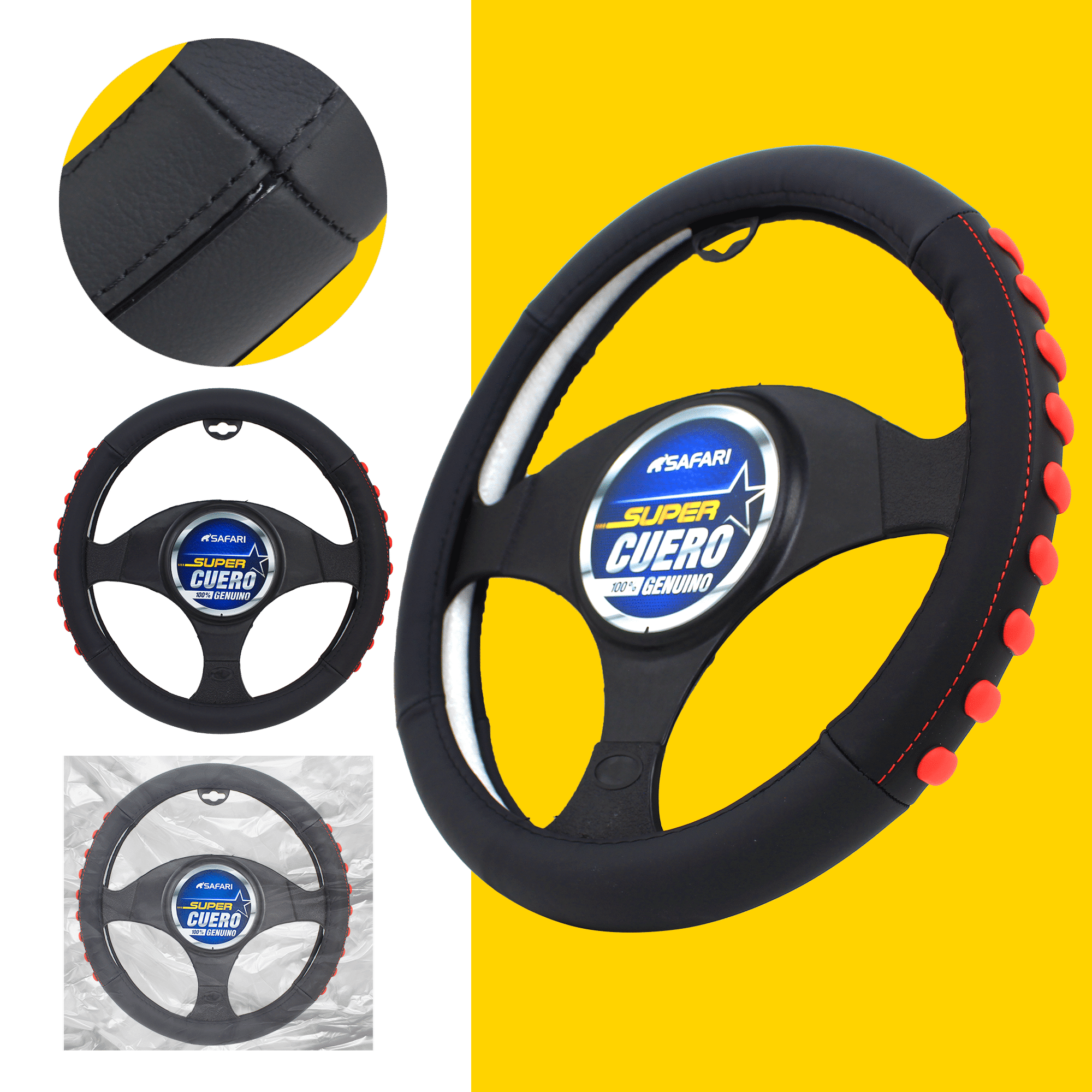 CUBRE VOLANTE CUERO GEN NEGRO DETALLES ROJOS
