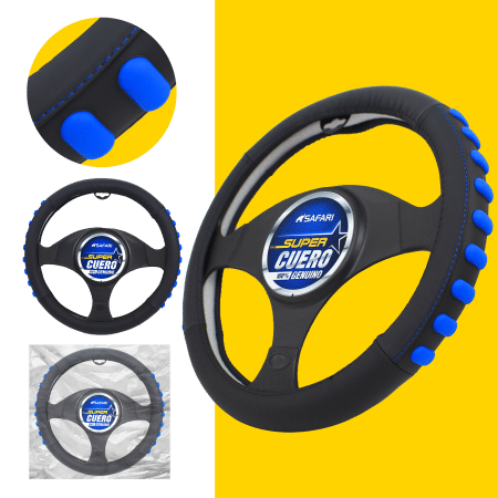 CUBRE VOLANTE CUERO GEN NEGRO DETALLES AZULES