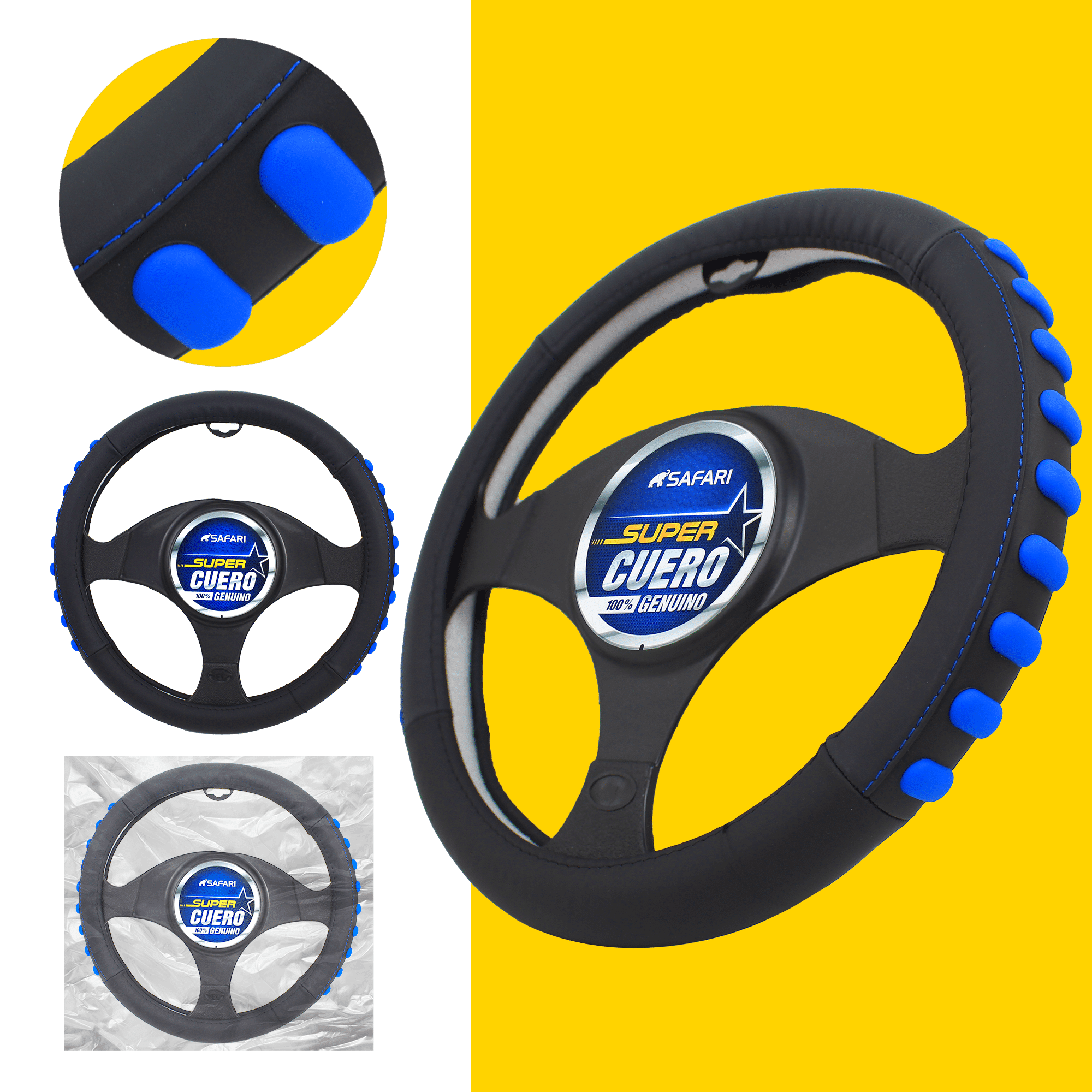 CUBRE VOLANTE CUERO GEN NEGRO DETALLES AZULES