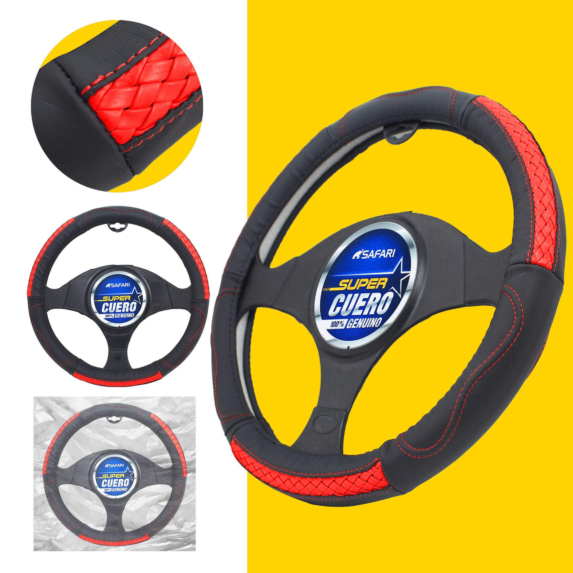 CUBRE VOLANTE CUERO GEN NEGRO DETALLES ROJOS