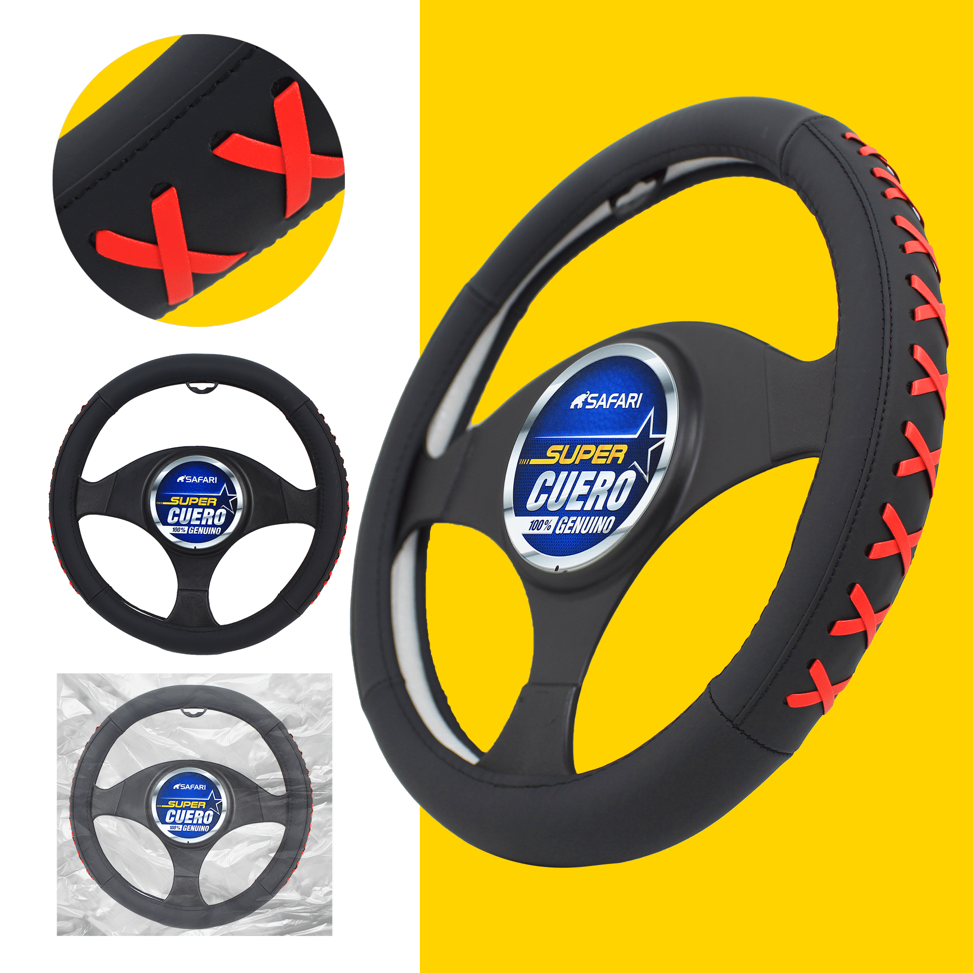 CUBRE VOLANTE CUERO GEN NEGRO DETALLES ROJOS