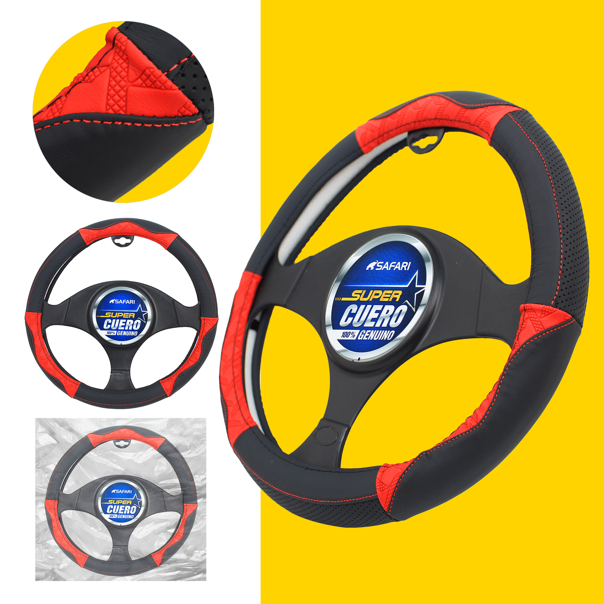 CUBRE VOLANTE CUERO GEN NEGRO DETALLES ROJOS