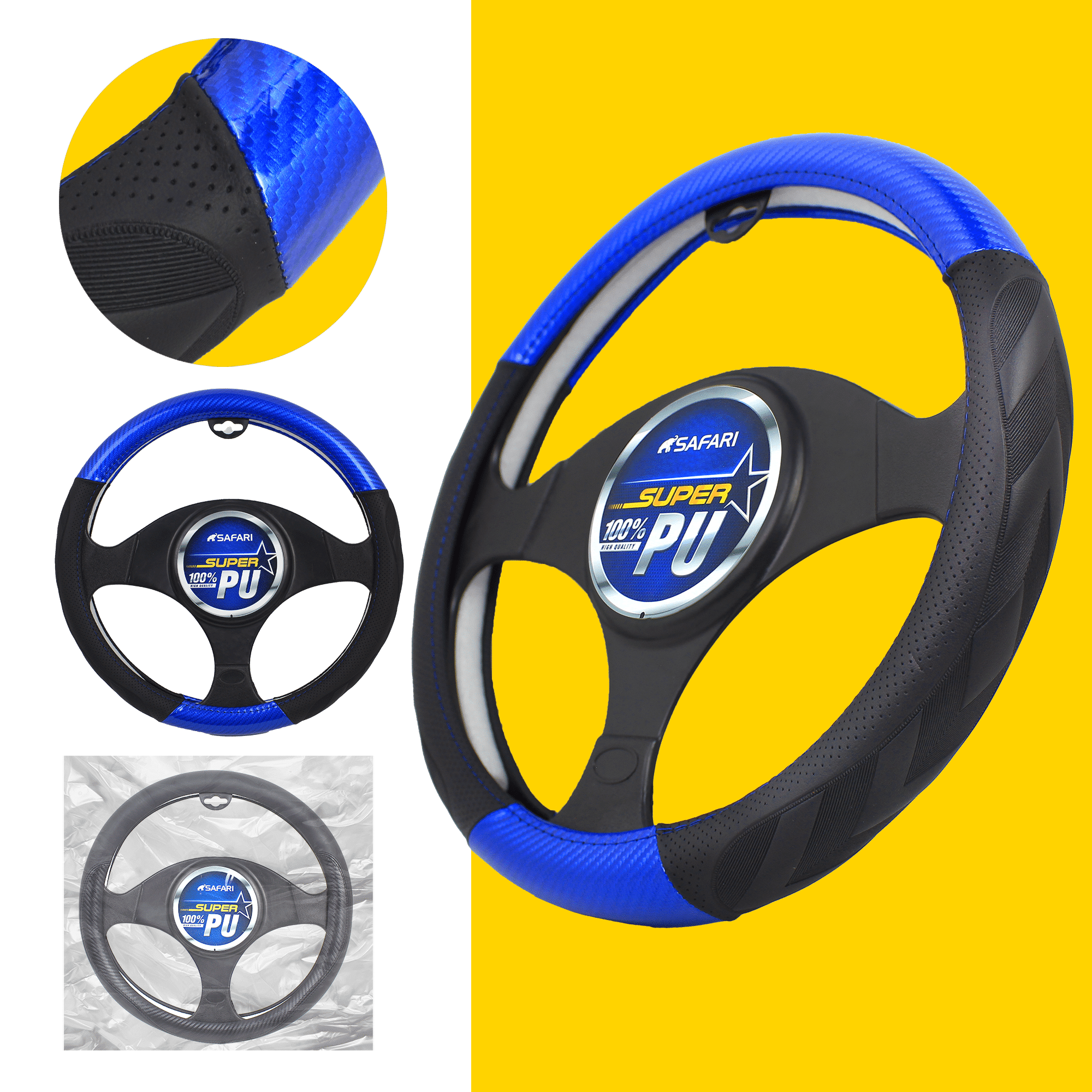 CUBRE VOLANTE CUERO ART NEGRO DETALLES AZULES