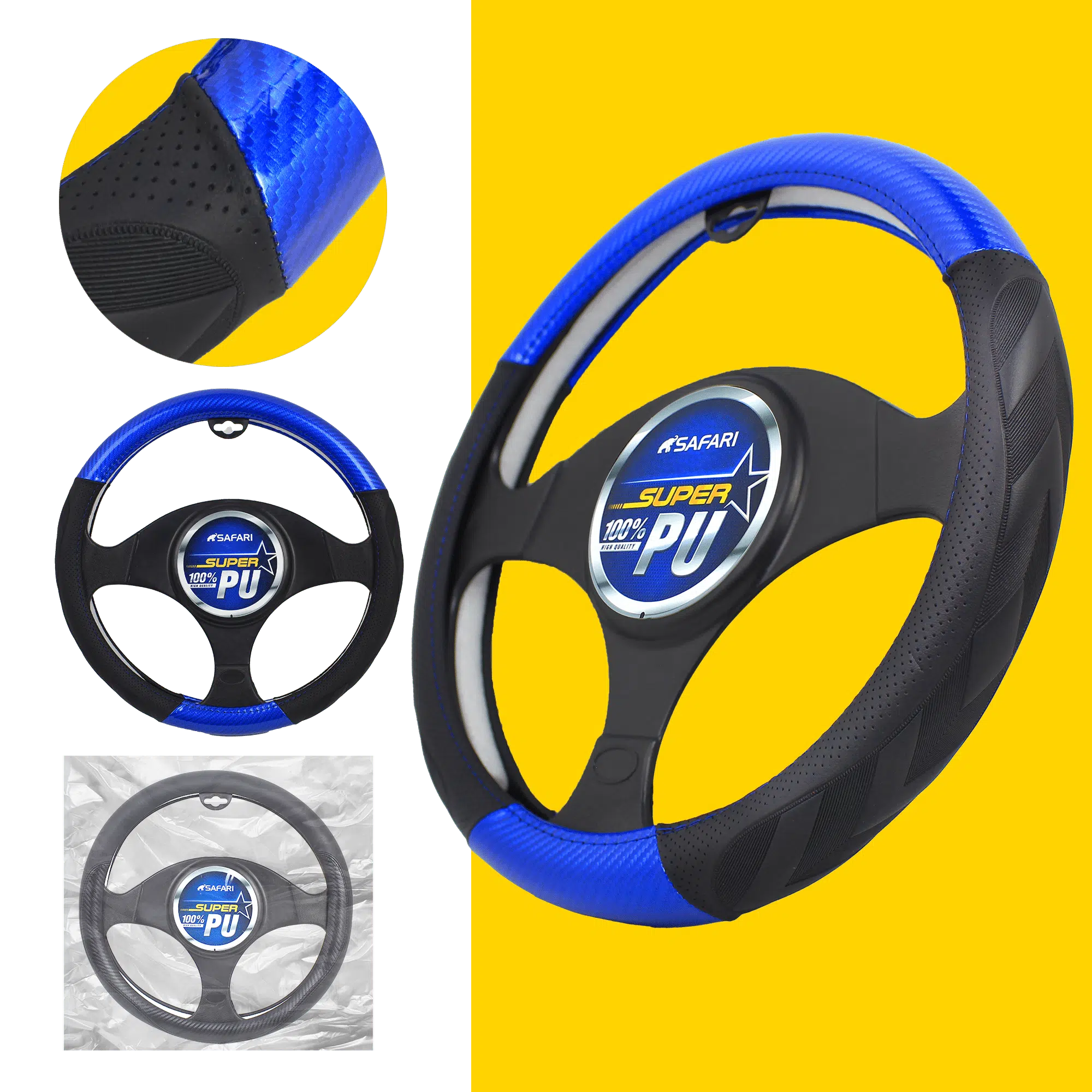 CUBRE VOLANTE CUERO ART NEGRO DETALLES AZULES