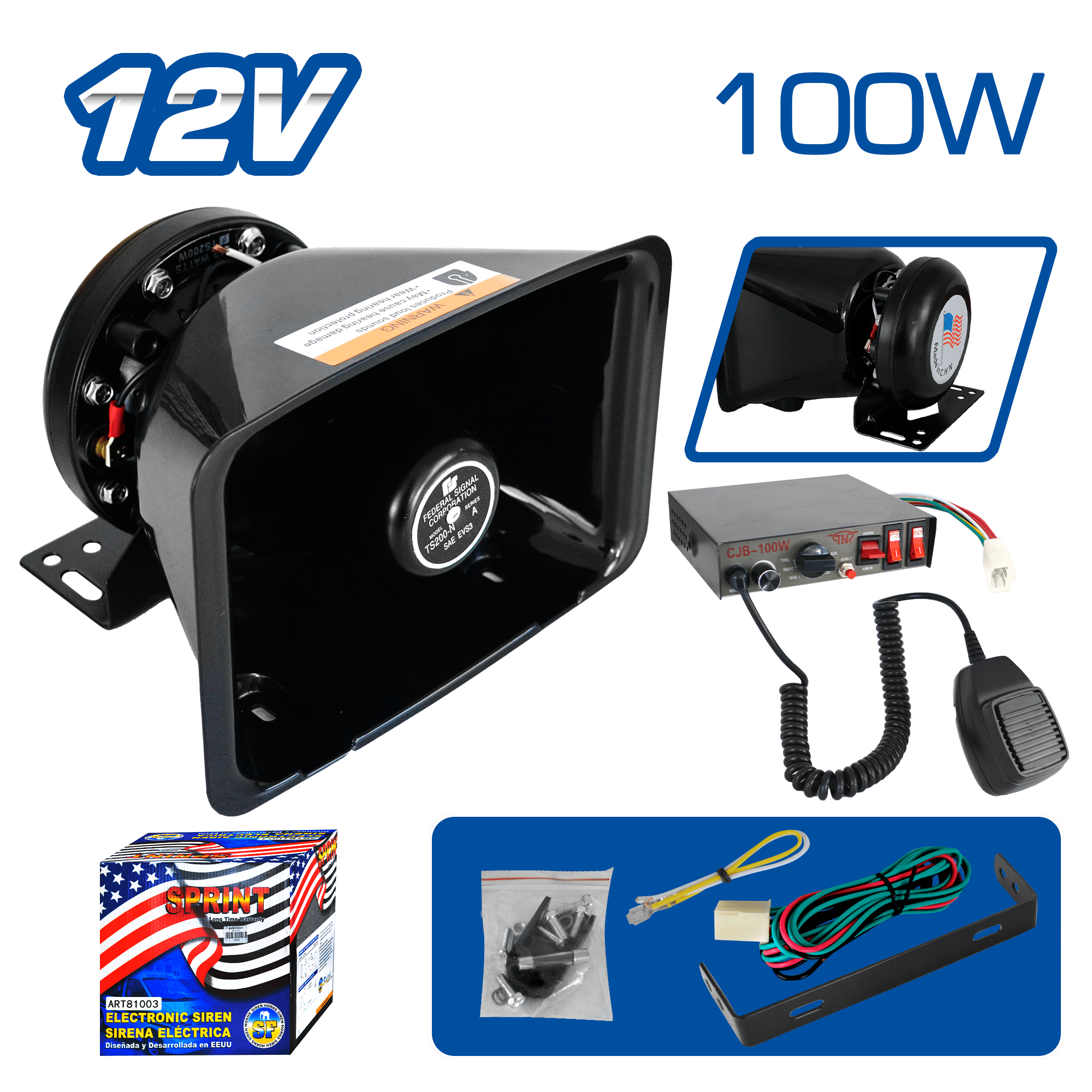 SISTEMA SIRENA POLICIAL 12V CON MICROFONO Y FUNCIONES 100W +118DB