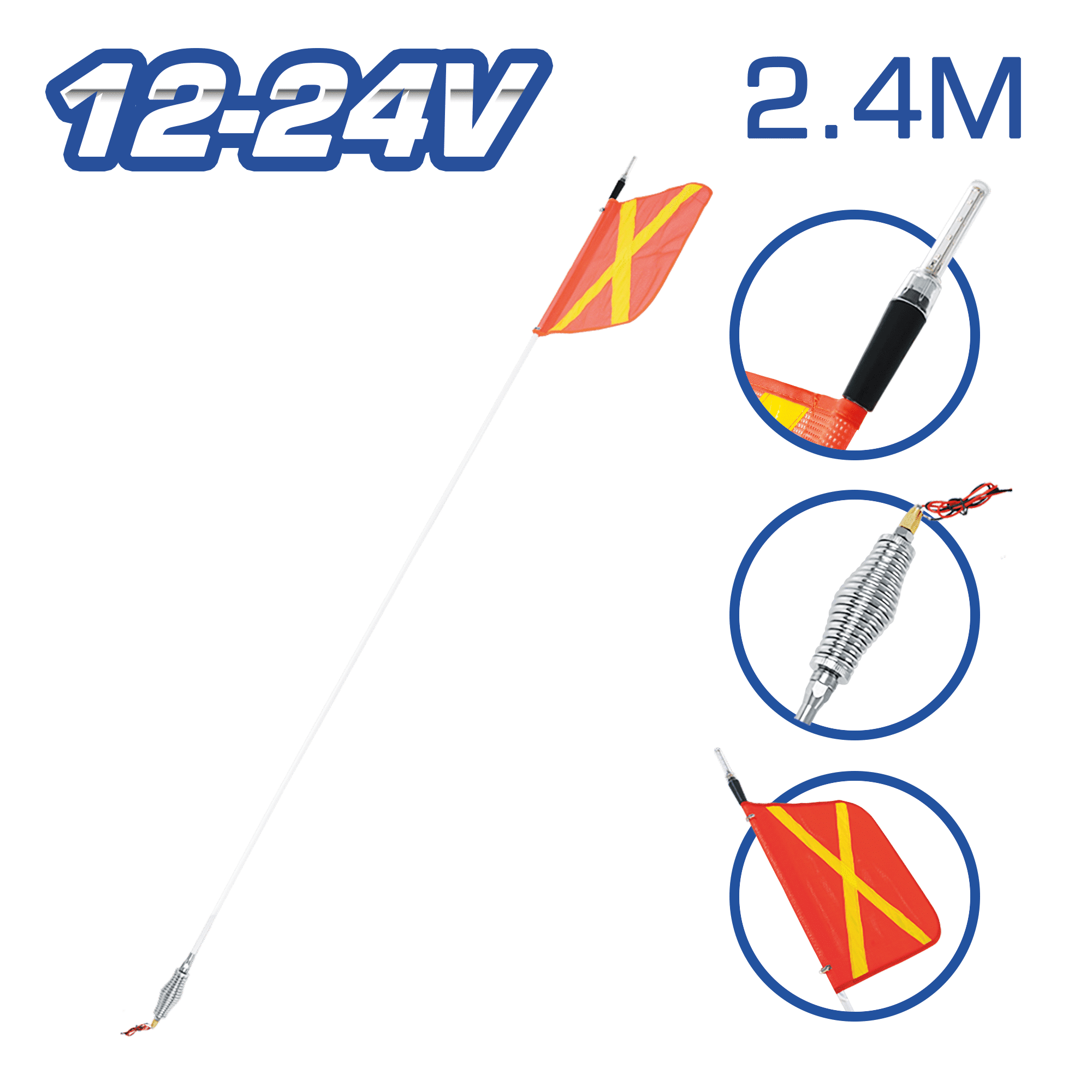 PERTIGA DE SEGURIDAD BA15S 12-24V 8PIES (2.4M) LED C/BANDERA