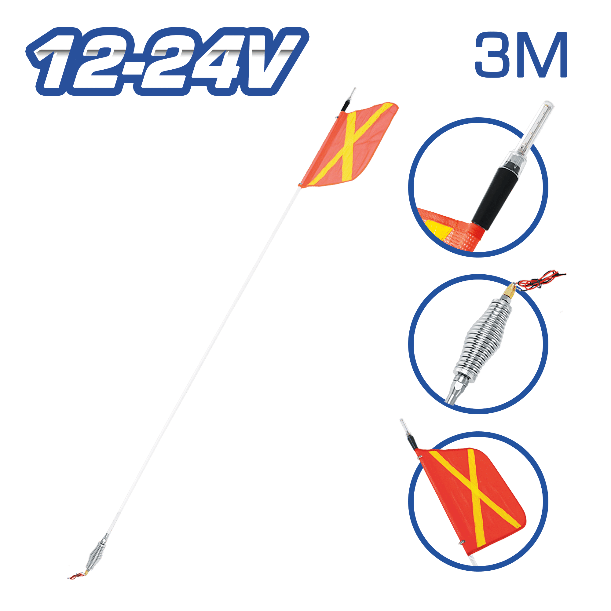 PERTIGA DE SEGURIDAD BA15S 12-24V 10PIES (3.0M) LED C/BANDERA
