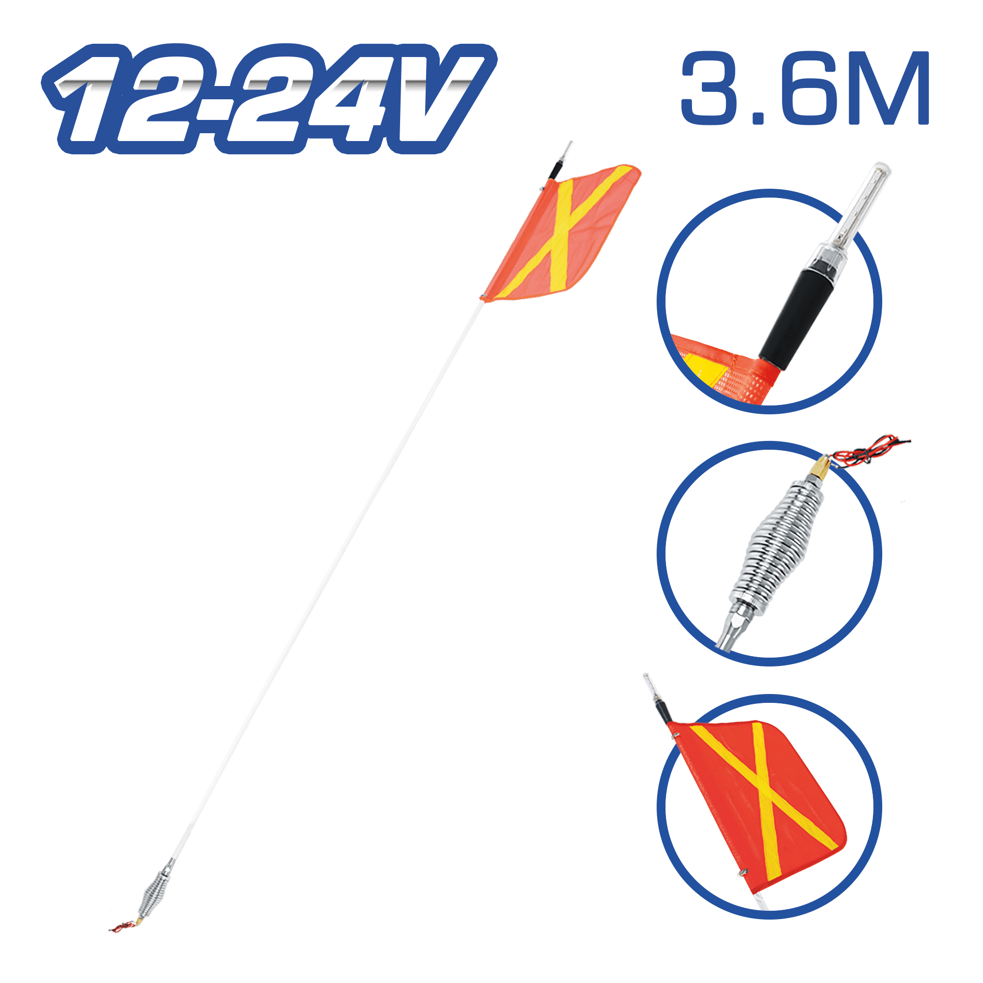 PERTIGA DE SEGURIDAD BA15S 12-24V 12PIES (3.6M) LED C/BANDERA