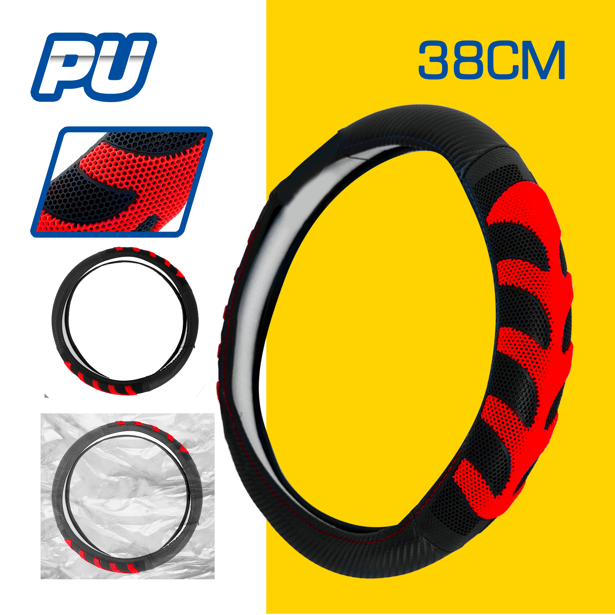 CUBRE VOLANTE PU 38CM 600G NEGRO+ROJO