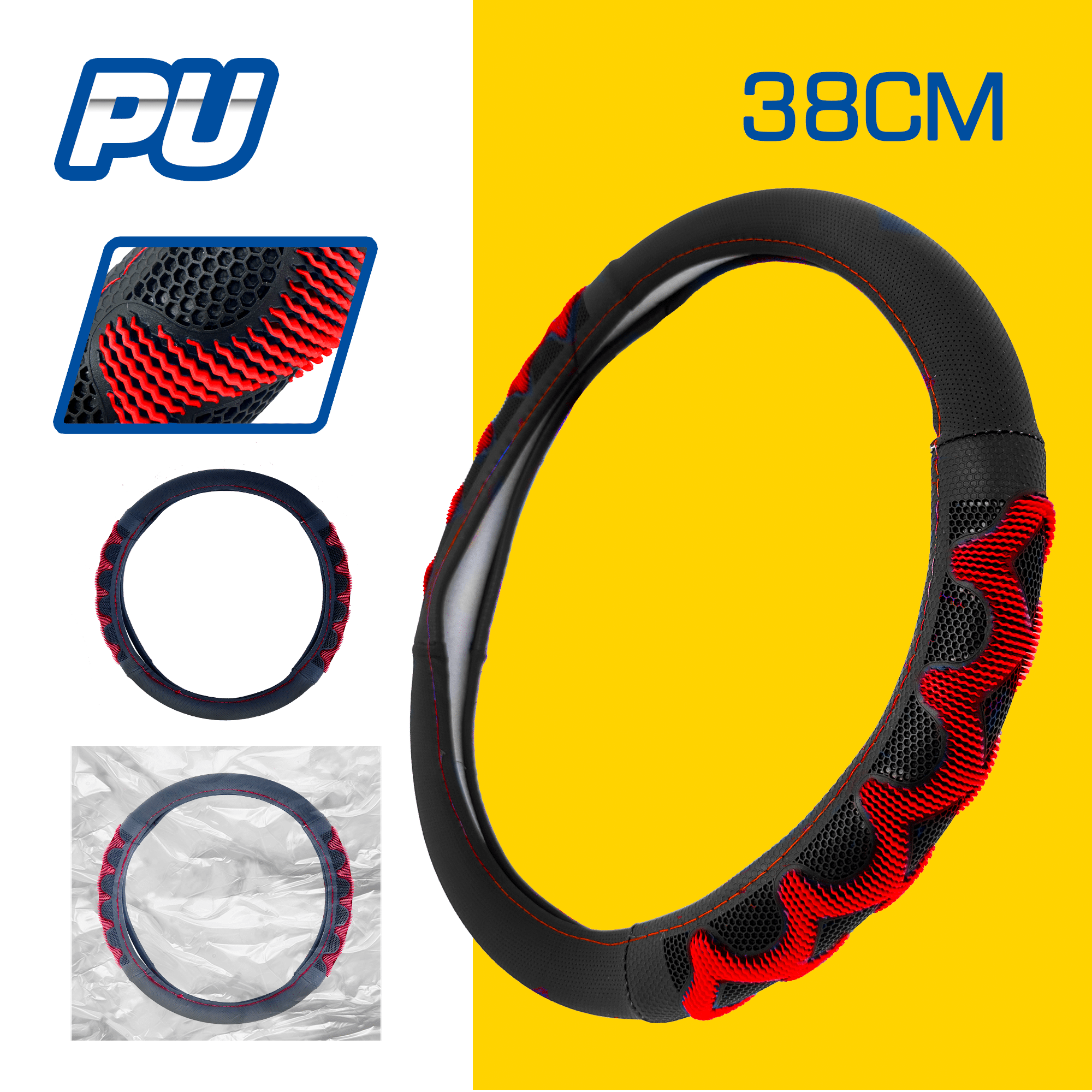 CUBRE VOLANTE PU 38CM 600G NEGRO+ROJO