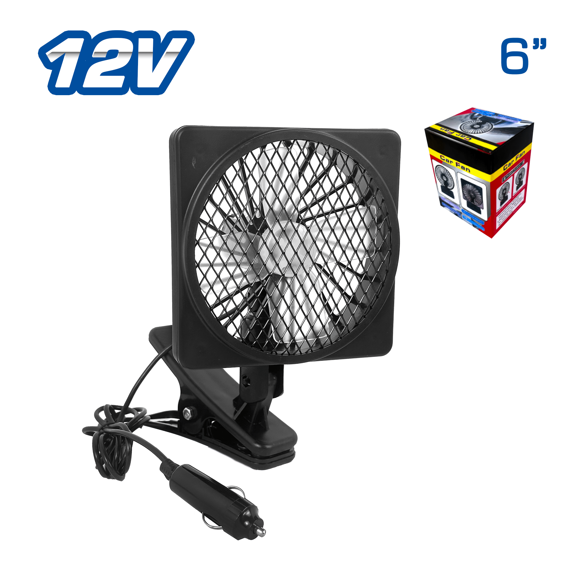 VENTILADOR 12V 12W 5.5" CONEX. CIGARRERA C/CLIP NEGRO - CUADRADO