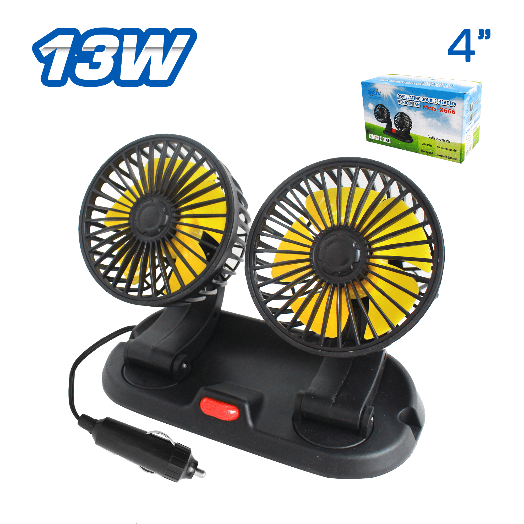 VENTILADOR DOBLE 10W 4’’X2 CONEX. CIGARRERA CON BASE