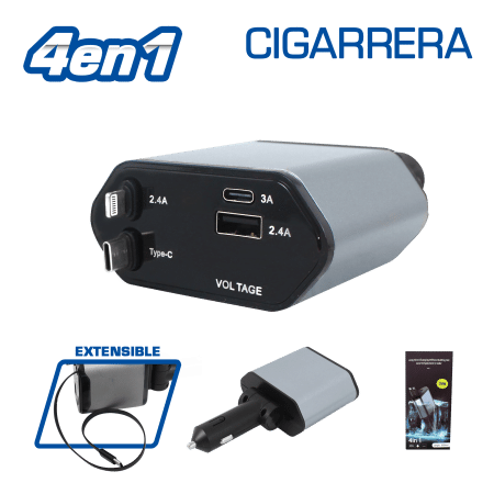 CARGADOR USB 4 EN 1 PARA CIGARRERA AUTO UNIVERSAL