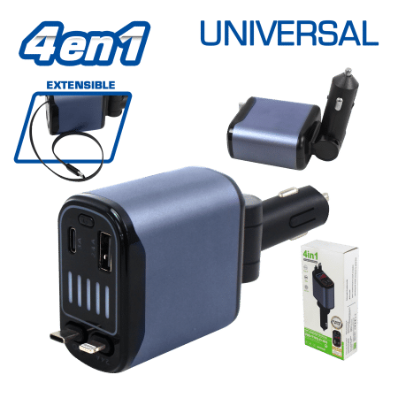CARGADOR USB 4 EN 1 PARA CIGARRERA AUTO UNIVERSAL