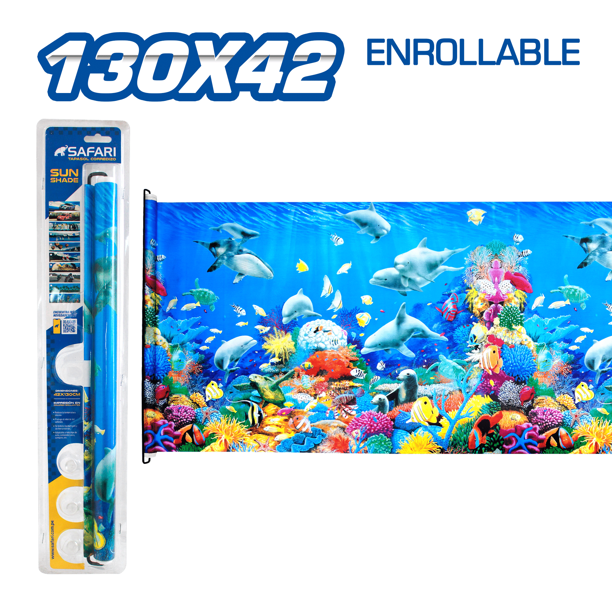 TAPASOL ENROLLABLE 130X42CM DISEÑO ARRECIFE MARINO