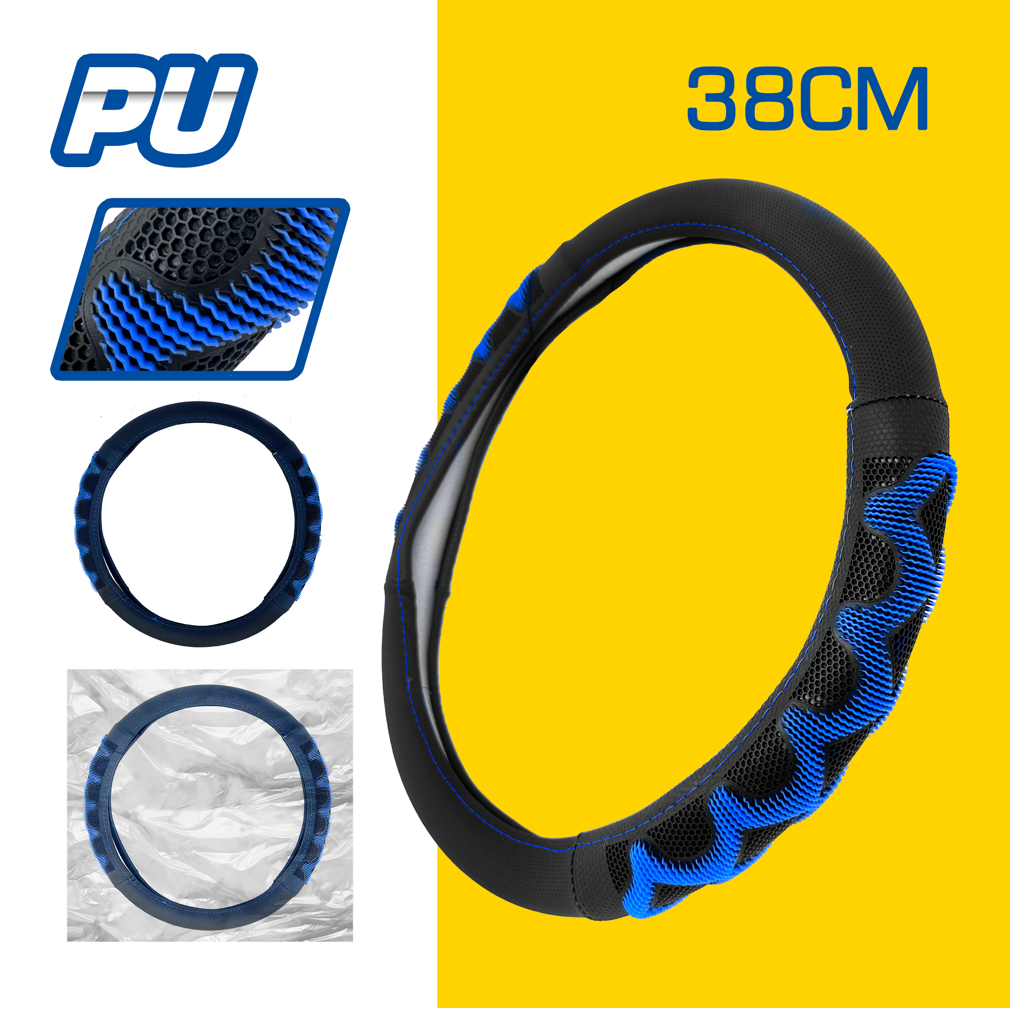 CUBRE VOLANTE PU 38CM 600G NEGRO+AZUL
