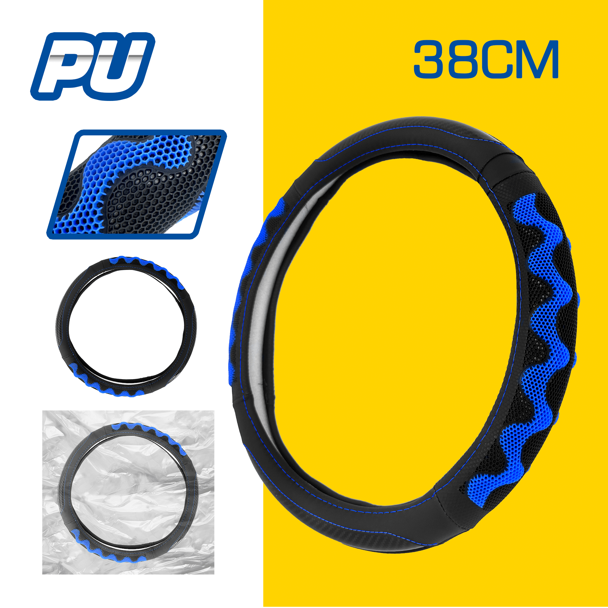 CUBRE VOLANTE PU 38CM 600G NEGRO+AZUL