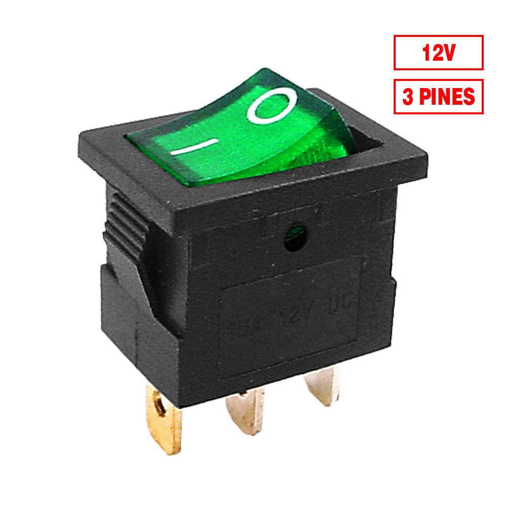 SWITCH C/LUZ ON-OFF 12V 3 PIN 2CLIPS VERDE 10PZ