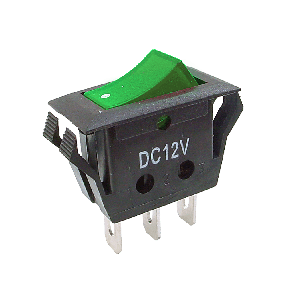 SWITCH C/LUZ ON-OFF 12V 3PIN 4CLIPS VERDE X 10PZ