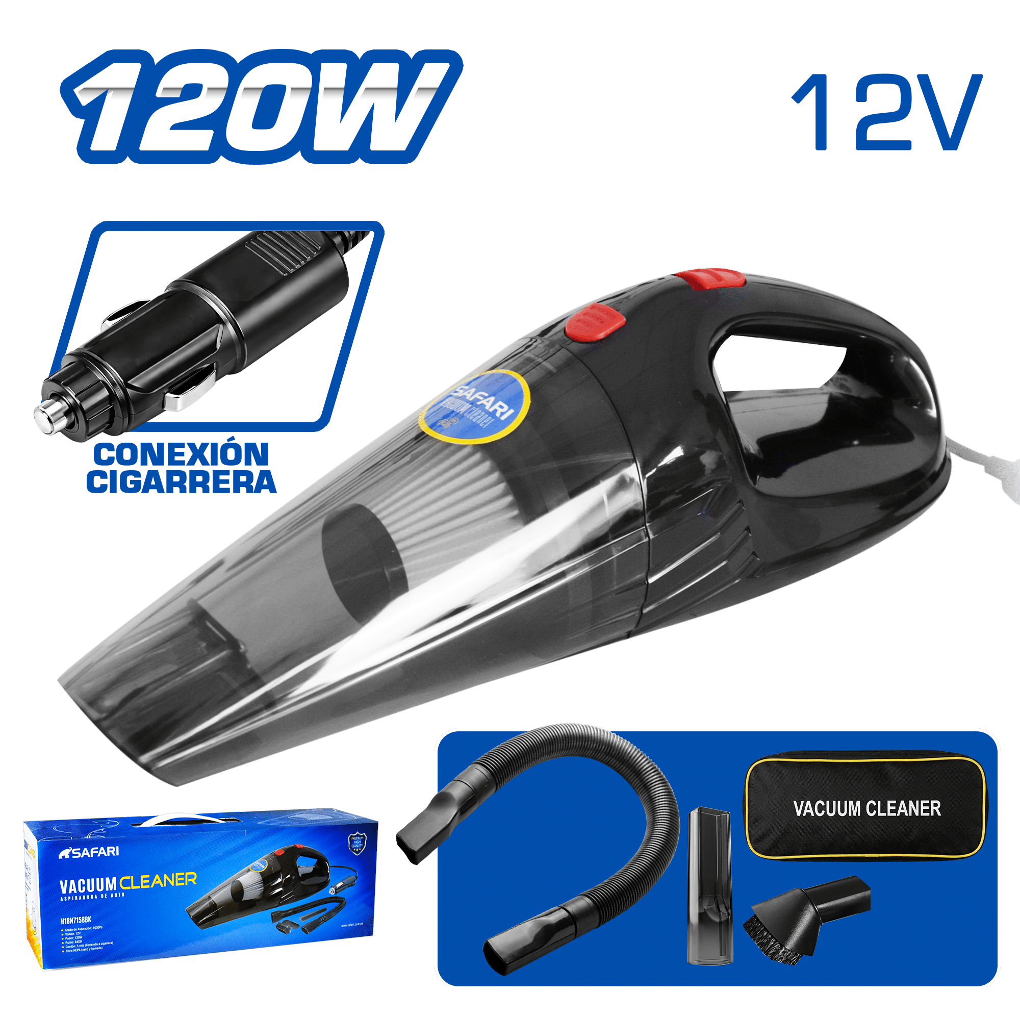ASPIRADORA 120W 12V 4000PA F/HEPA MALETIN