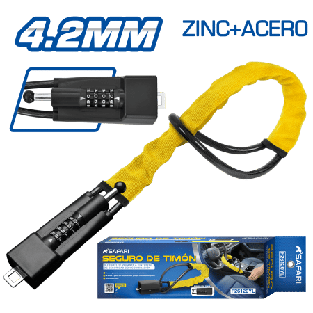 SEGURO DE TIMÓN CON CONTRASEÑA MAT:ZINC + ACERO 4.2MM FUERZA 9.0KN AMARILLO