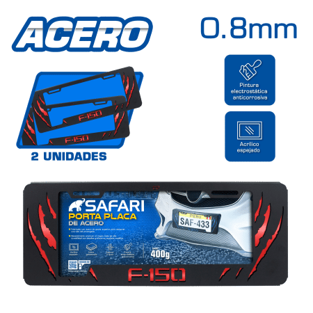 PORTA PLACA ACERO 400G 0.8MM T/EURO F-150 GARRAS ROJO