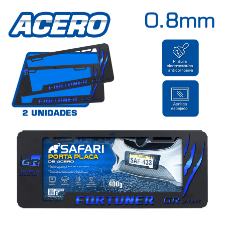 PORTA PLACA ACERO 400G 0.8MM T/EURO FORTUNER/GR SPORT GARRAS AZUL