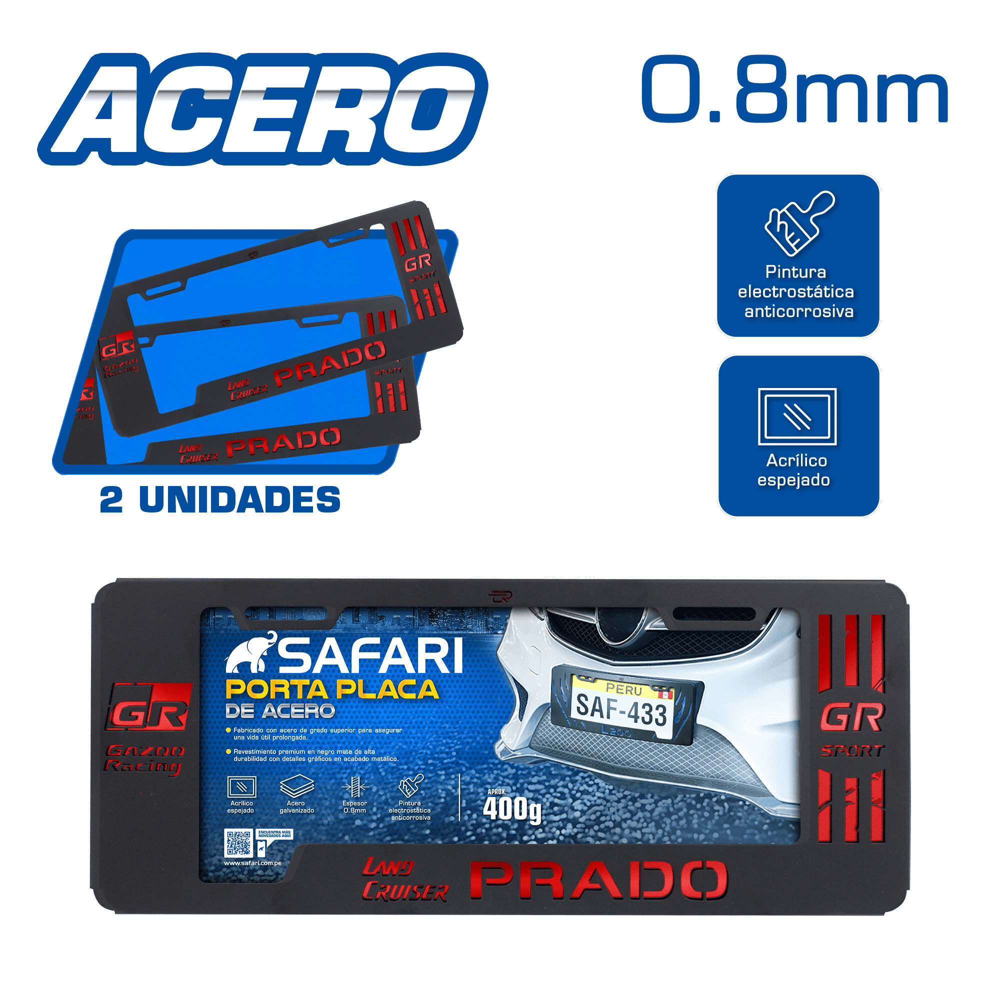 PORTA PLACA ACERO 400G 0.8MM T/EURO PRADO GR/GR SPORT ROJO