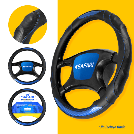 CUBRE VOLANTE PU NEGRO CARBON AZUL COSTURA AZUL VENTILADO NEGRO