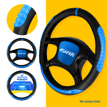 CUBRE VOLANTE PU NEGRO DETALLES/CUBOS AZUL