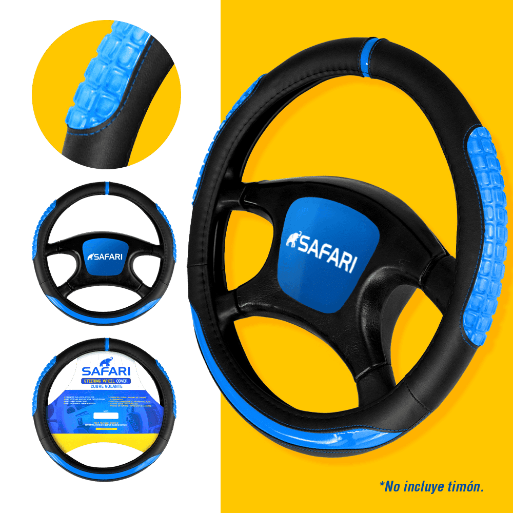 CUBRE VOLANTE PU NEGRO DETALLES/CUBOS AZUL