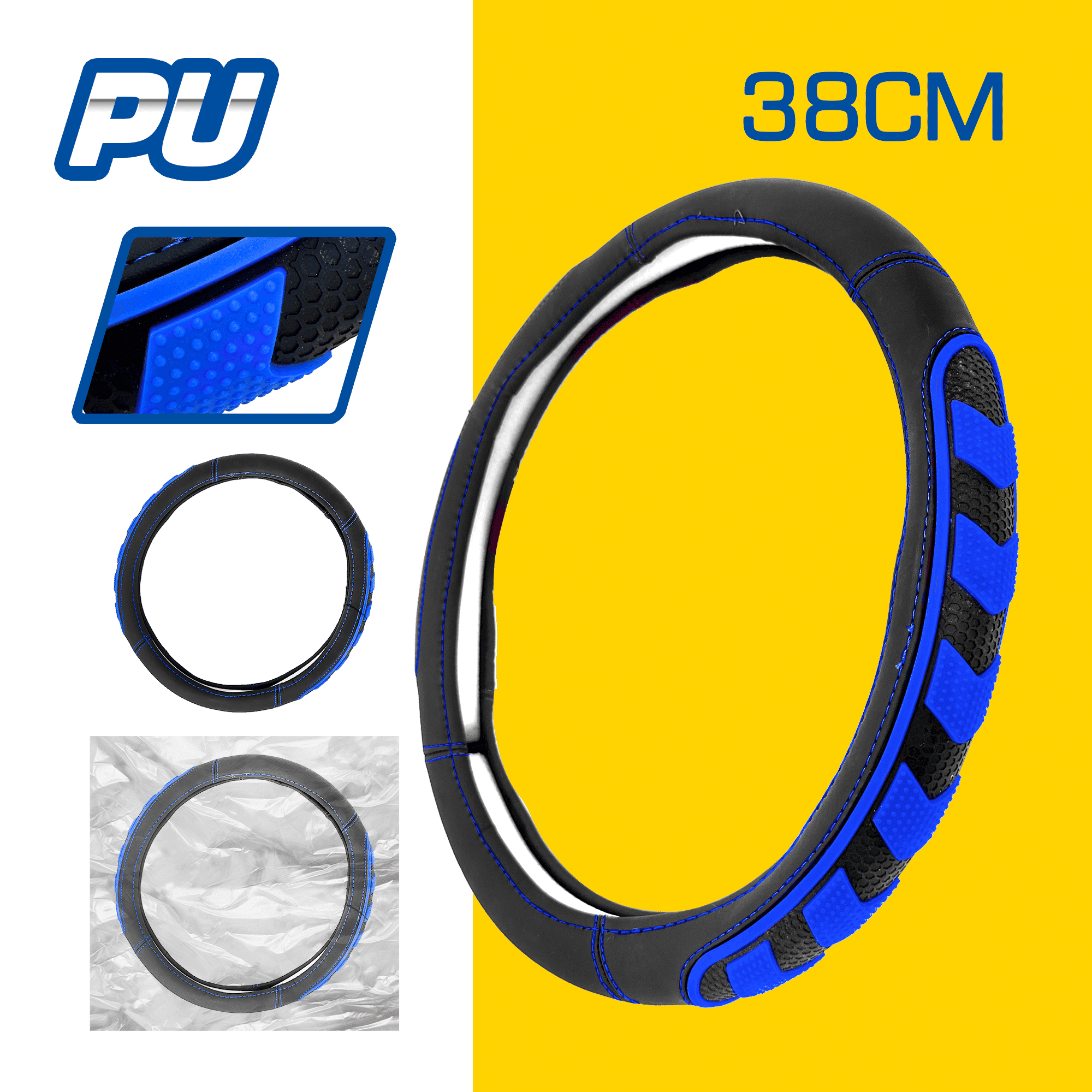 CUBRE VOLANTE PU 38CM 600G NEGRO+AZUL