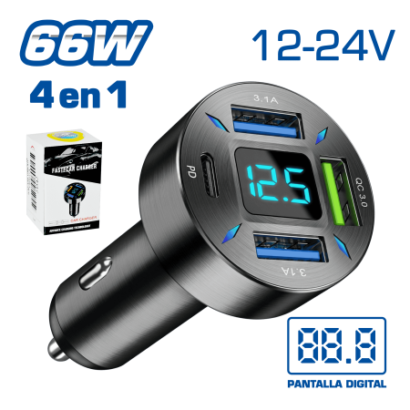 CARGADOR USB P/CIGARRERA 12-24V 66W 4PORTS RAPIDO DIGITAL