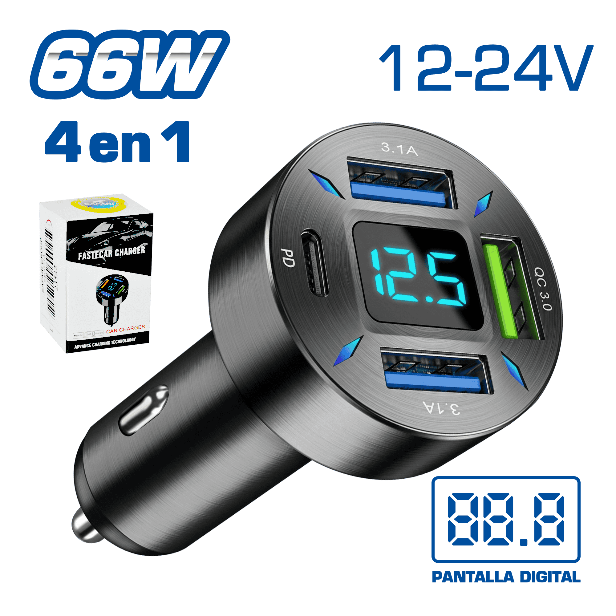 CARGADOR USB P/CIGARRERA 12-24V 66W 4PORTS RAPIDO DIGITAL