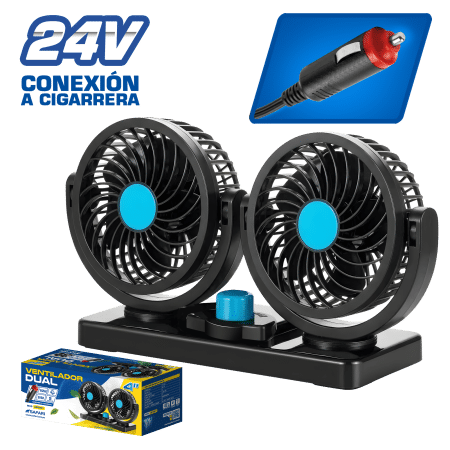 VENTILADOR DUAL 10W 4” 24V CONEX. CIGARRERA CON BASE