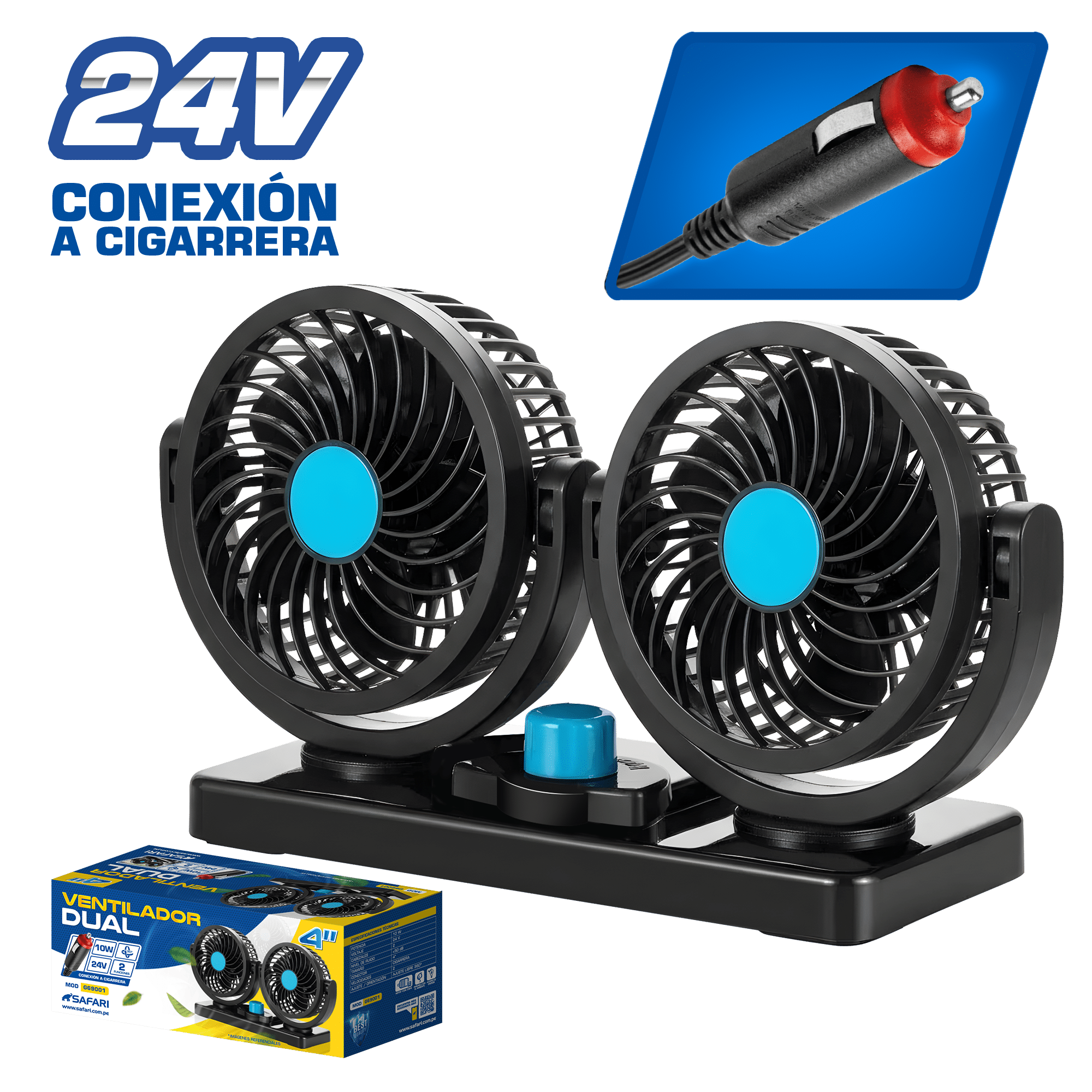VENTILADOR DUAL 10W 4” 24V CONEX. CIGARRERA CON BASE